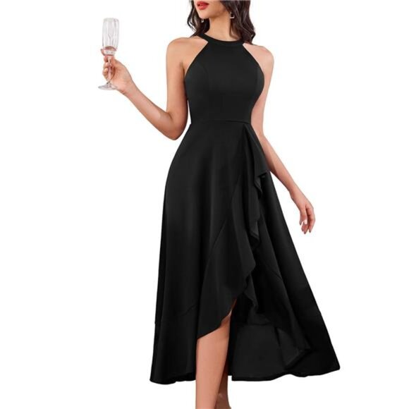 Womens Halter Split Hem Dress Elegant Black